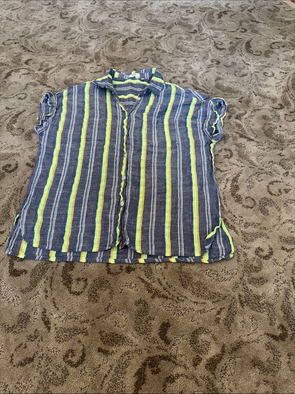 Striped Button Front Short Sleeve Shirt - Navy & Lime